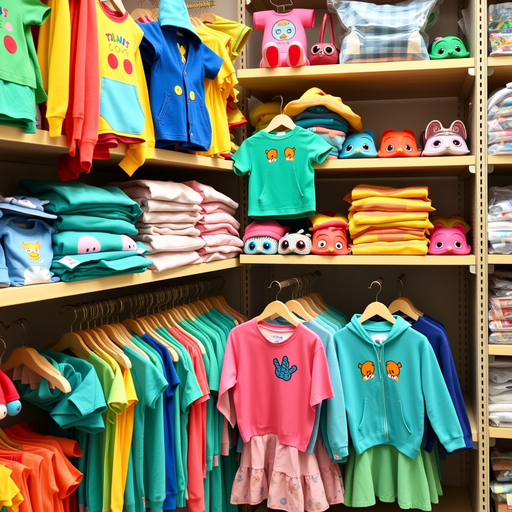Colorful kids’ apparel neatly arranged on shelves in a wholesale warehouse