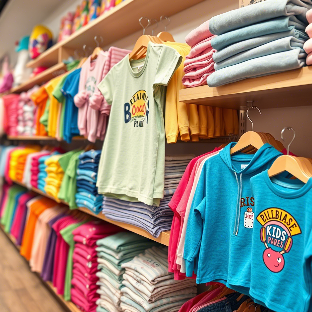 Colorful kids’ apparel stacked on shelves for wholesale distribution