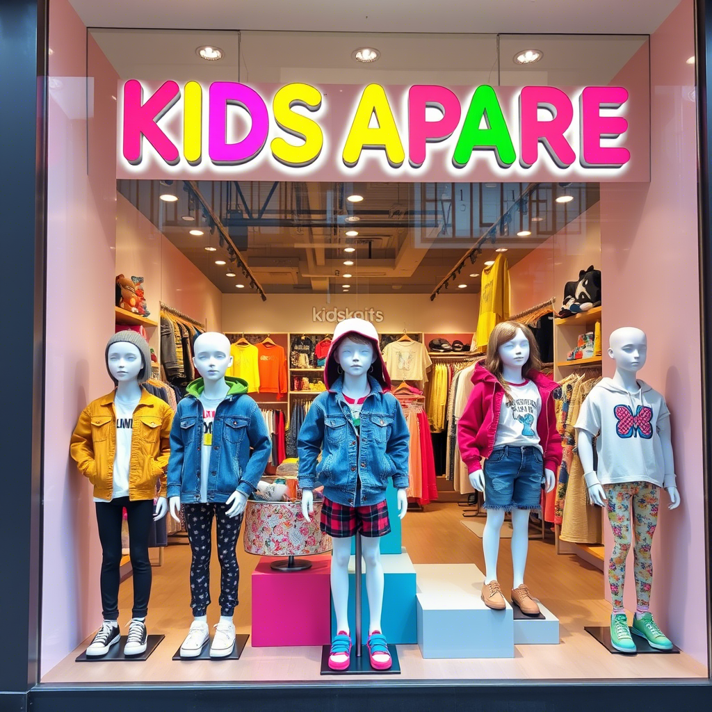 Colorful kids’ apparel storefront with mannequins wearing latest trends
