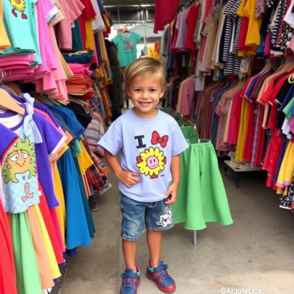Colorful kids apparel wholesale market scene with vendors