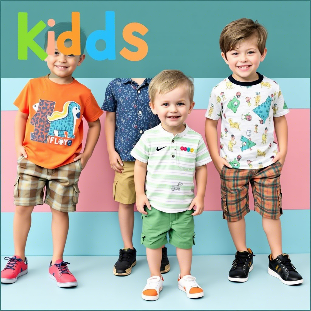 Colorful kids’ clothing advertisement featuring boys in shorts and pants