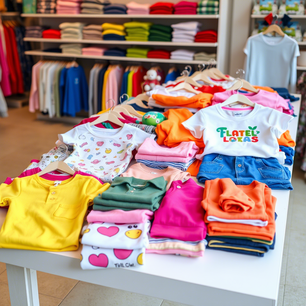 Colorful kids’ clothing arranged on a wholesale table
