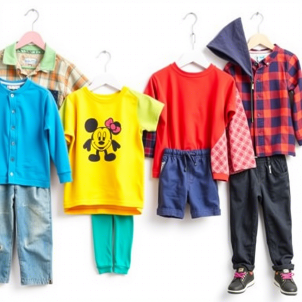 Colorful kids clothing assortment on a white background