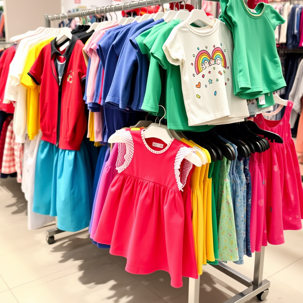 Colorful kids’ clothing displayed on a store rack