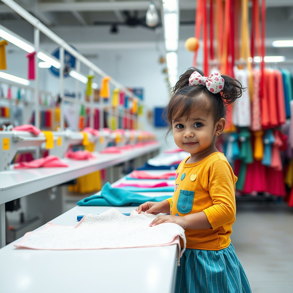 Colorful kids clothing factory with fabric and threads in the background