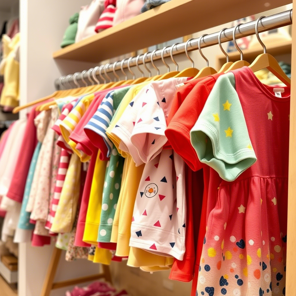 Colorful kids clothing hanging on a boutique store rack