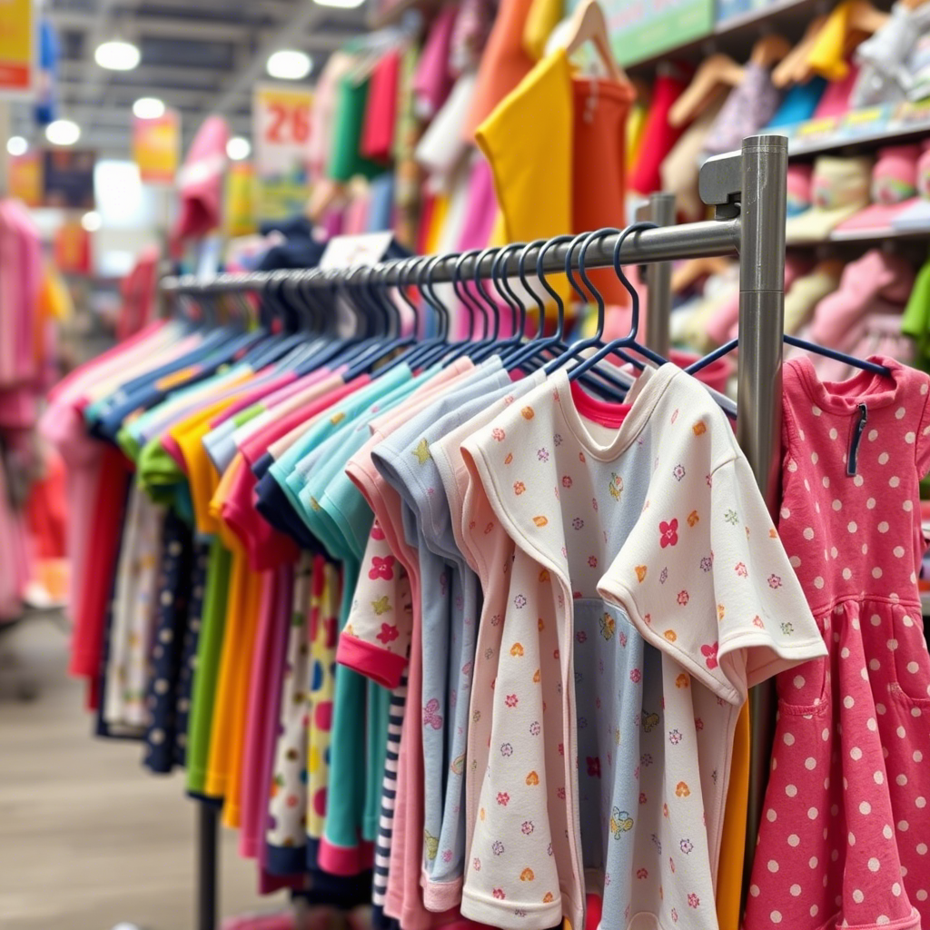 Colorful kids clothing hanging on a rack in a bustling wholesale market