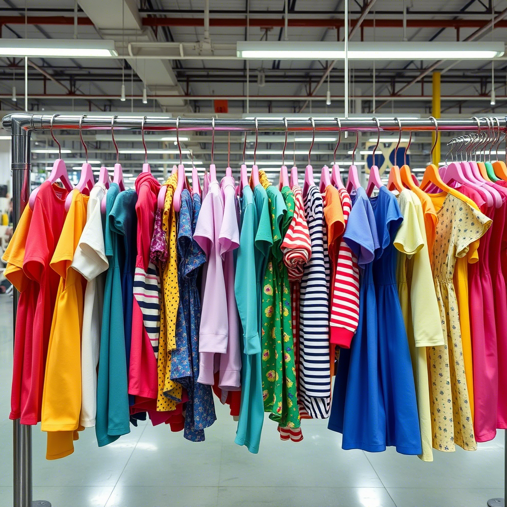 “Colorful kids’ clothing hanging on a rack in a Chinese factory”