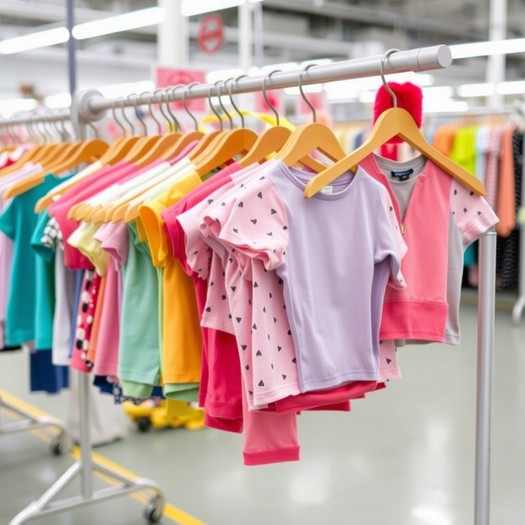 Colorful kids clothing hanging on a rack in a factory