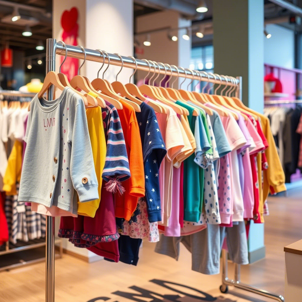 Colorful kids’ clothing hanging on a rack in a trendy retail setting
