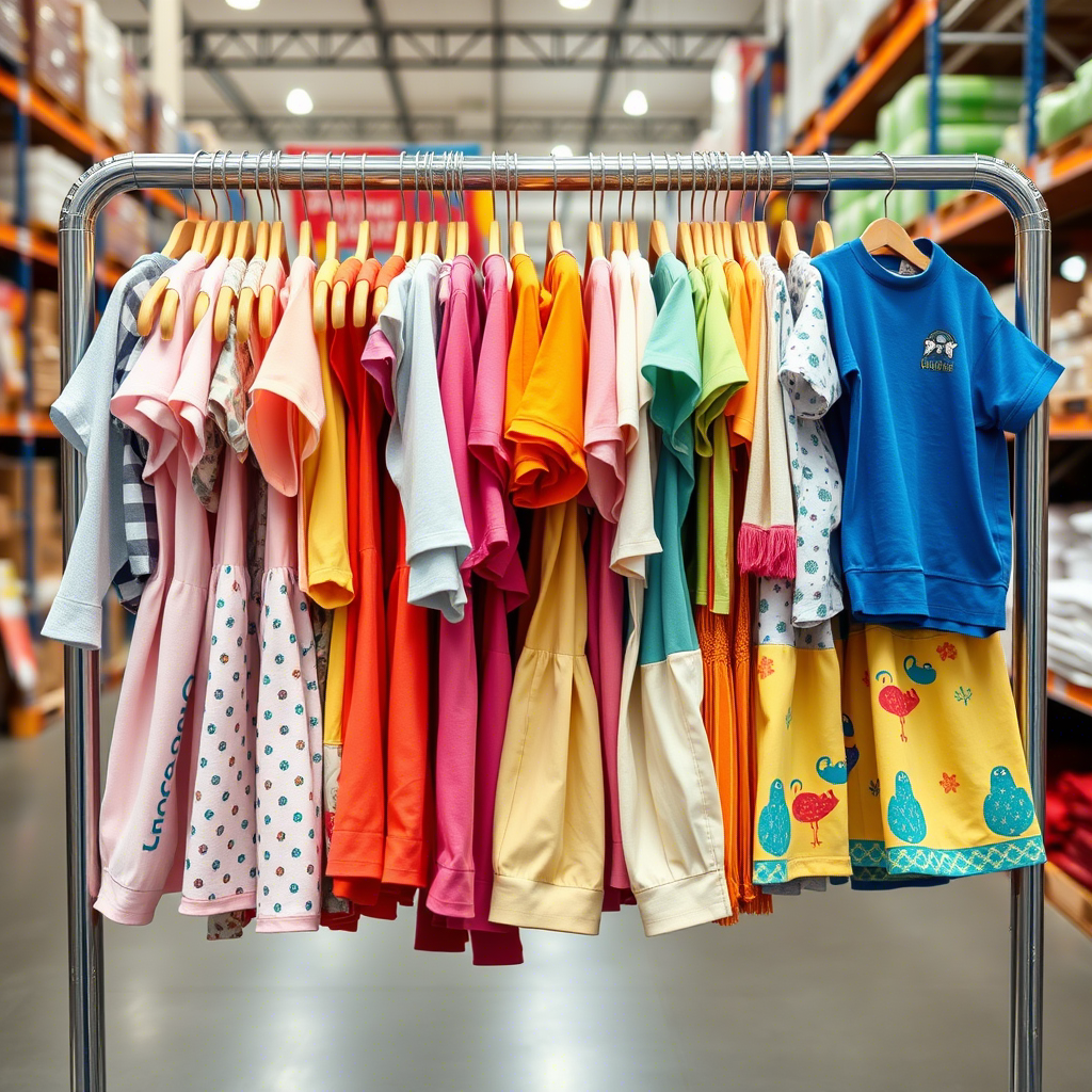 Colorful kids clothing hanging on a rack in a wholesale warehouse