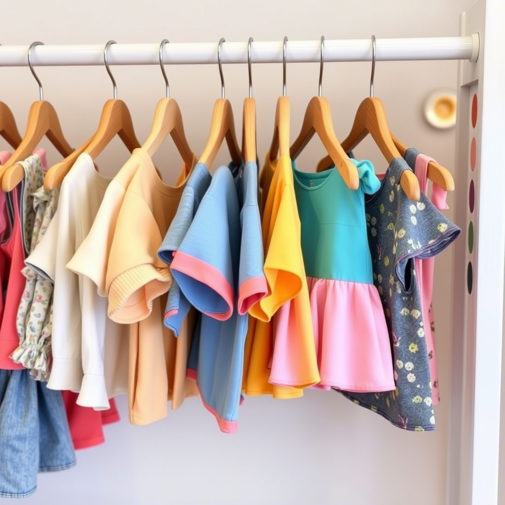 Colorful kids clothing hanging on wooden hangers in a trendy boutique