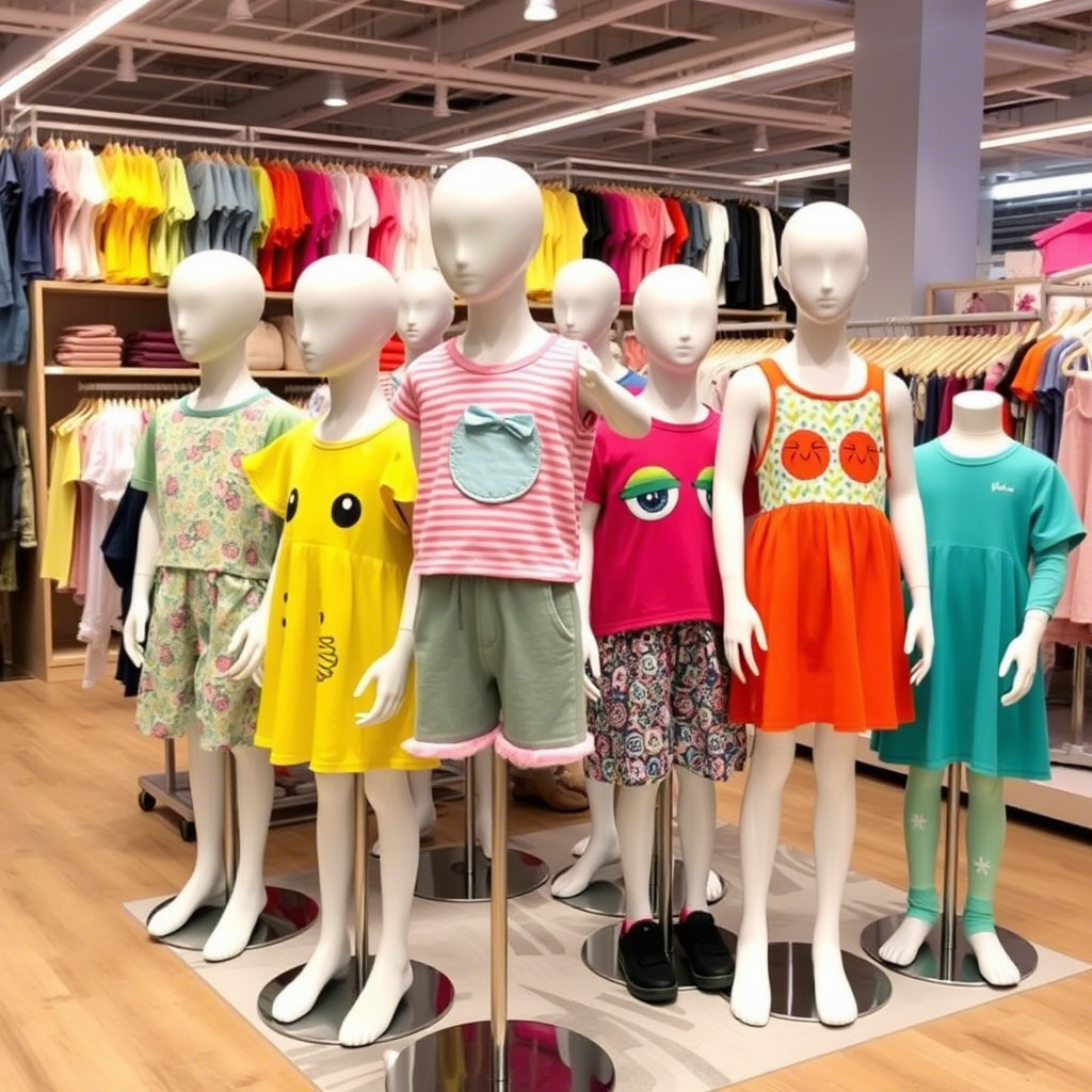 Colorful kids’ clothing on mannequins in a wholesale showroom