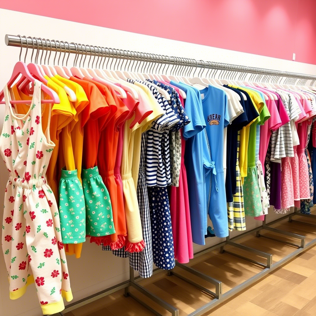 Colorful kids clothing racks filled with adorable summer outfits for boys and girls