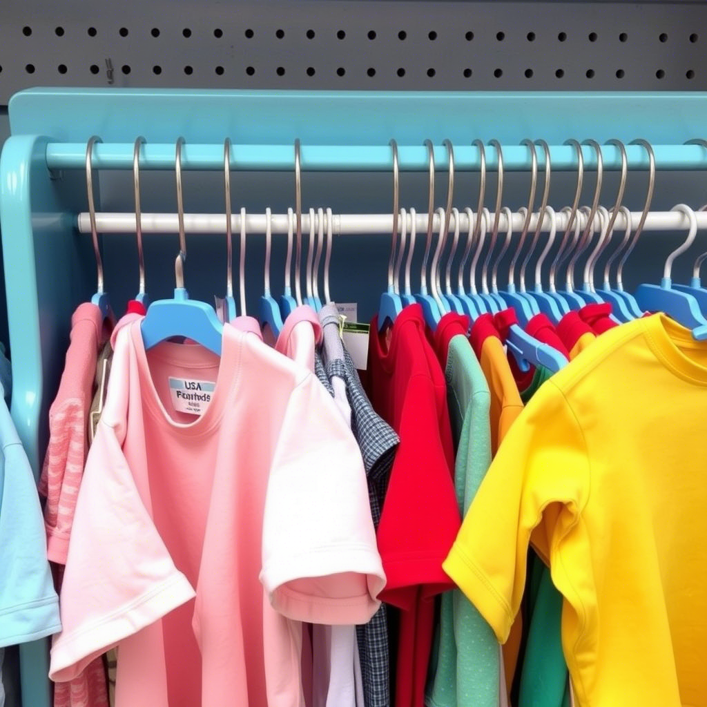Colorful kids clothing racks with USA brand labels