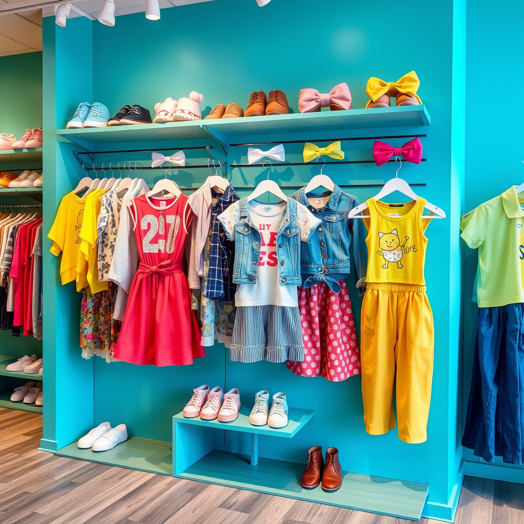 Colorful kids’ clothing store display with trendy outfits and shoes