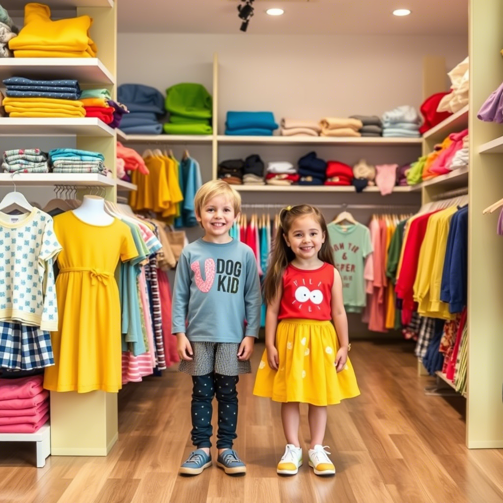 Colorful kids clothing store with happy children models