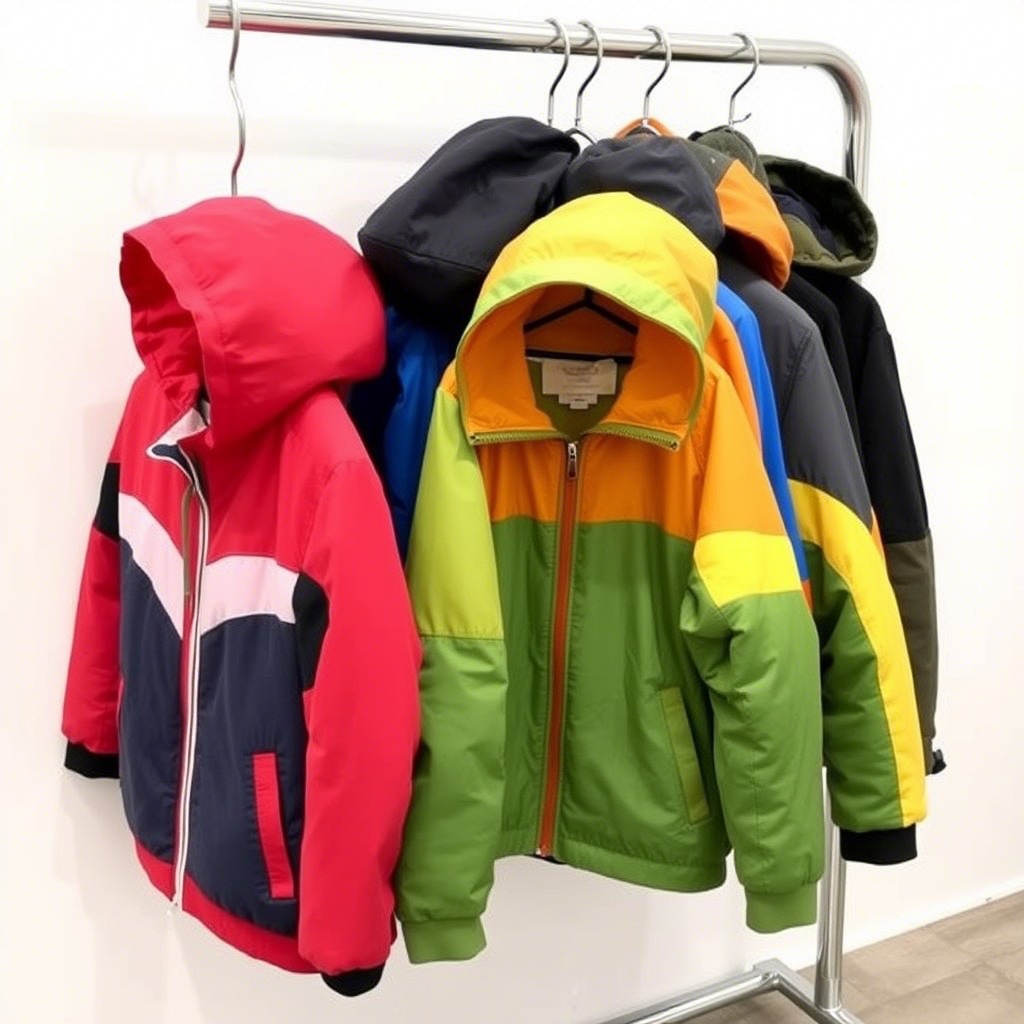 Colorful kids’ jackets displayed on a wholesale clothing rack