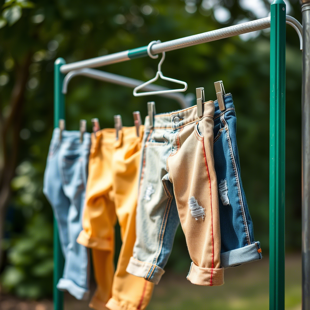 Colorful kids jeans hanging on a clothing rack outdoors