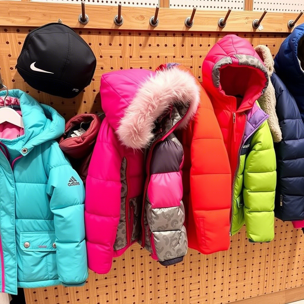 Colorful kids’ outerwear hanging on a wooden pegboard display
