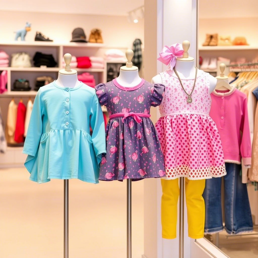 Colorful kids outfits arranged on a boutique mannequin