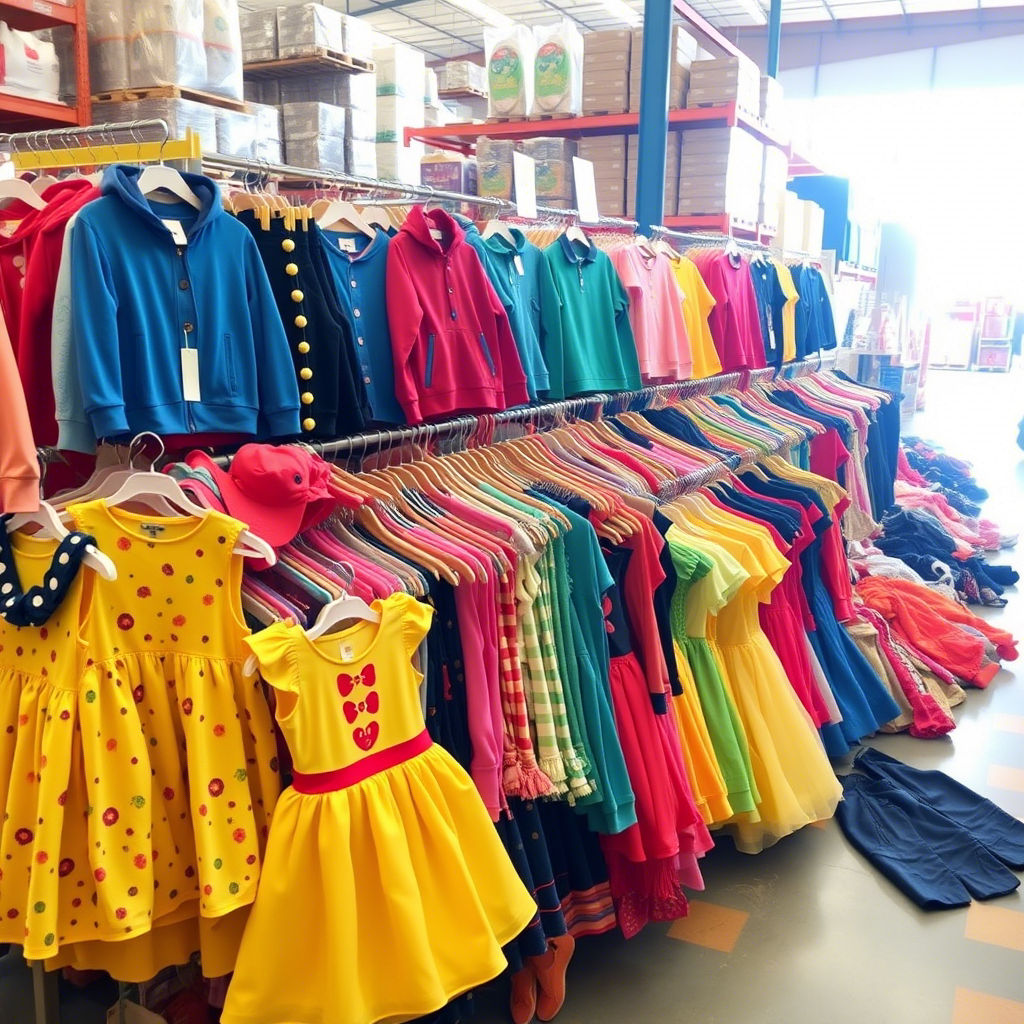 Colorful kids' outfits arranged on a bustling warehouse floor