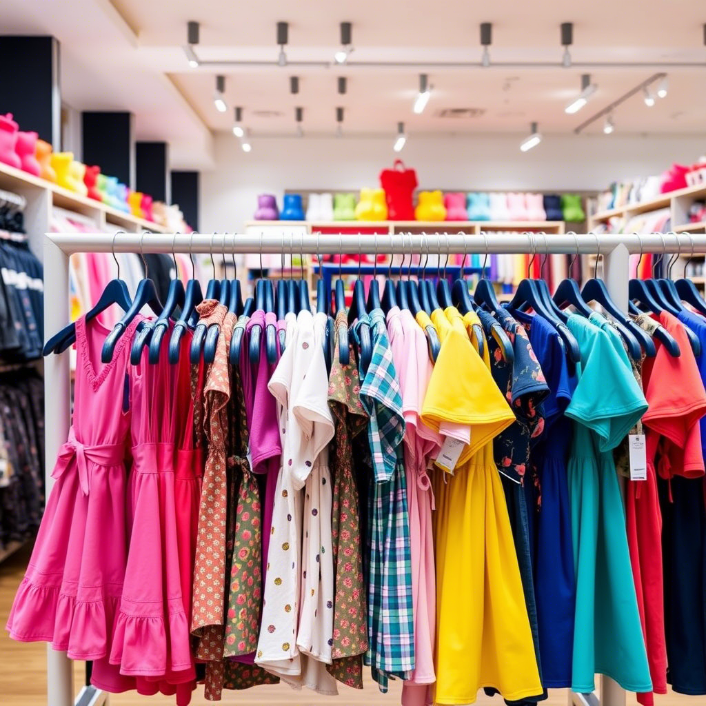 Colorful kids outfits arranged on a rack in a trendy wholesale showroom