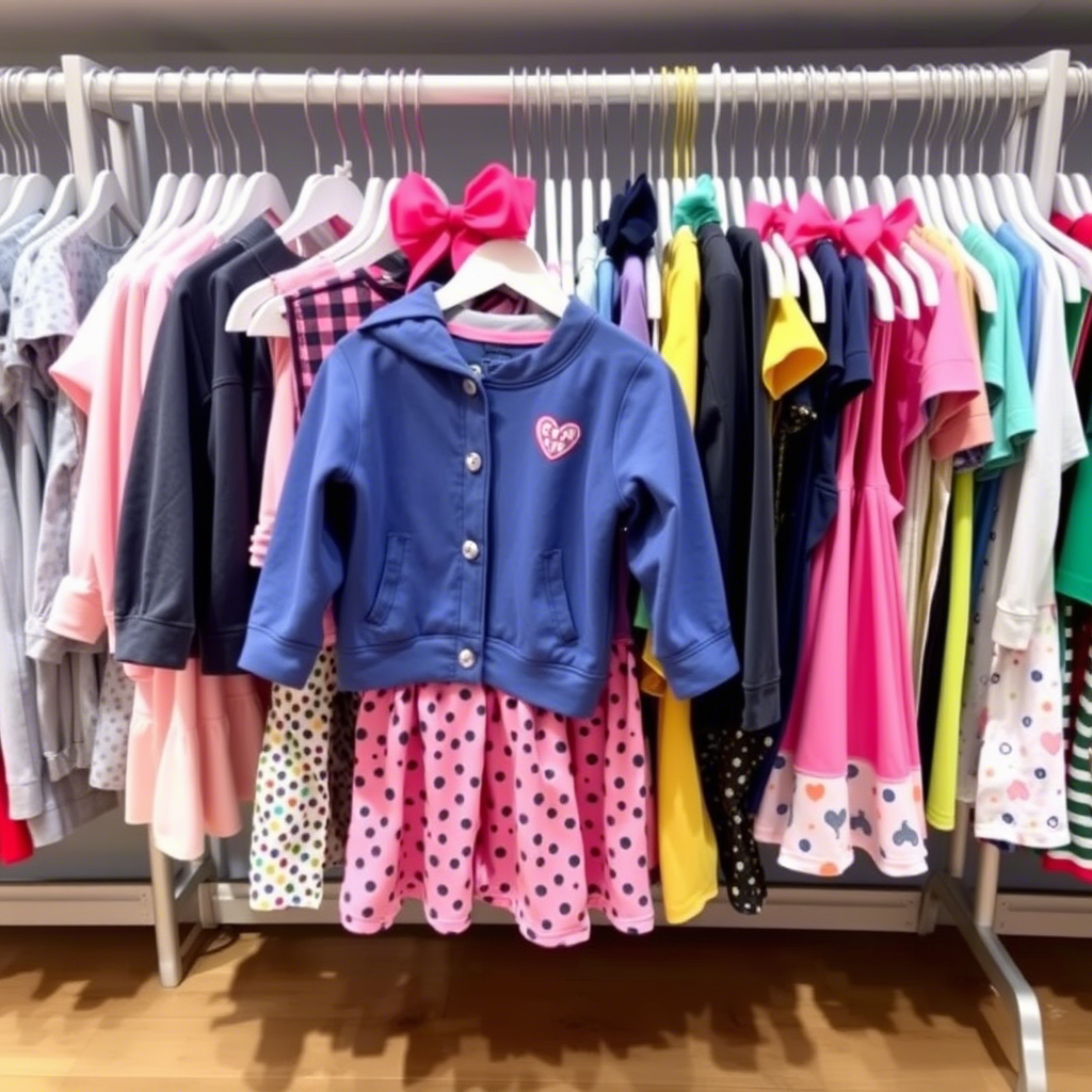 Colorful kids’ outfits arranged on a wholesale clothing rack display