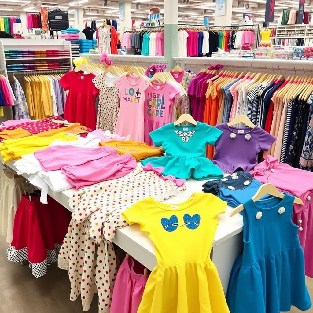 Colorful kids’ outfits arranged on a wholesale table display