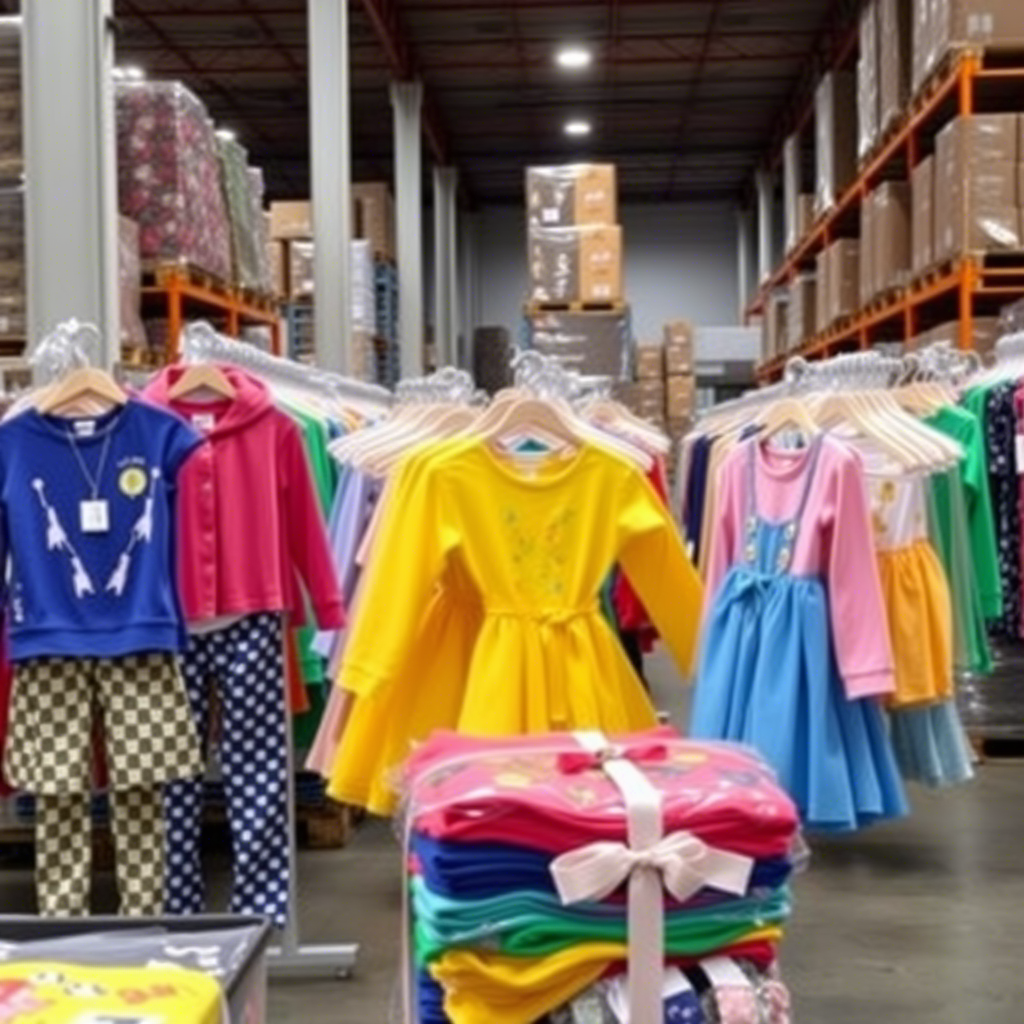 Colorful kids’ outfits being packaged in a wholesale warehouse