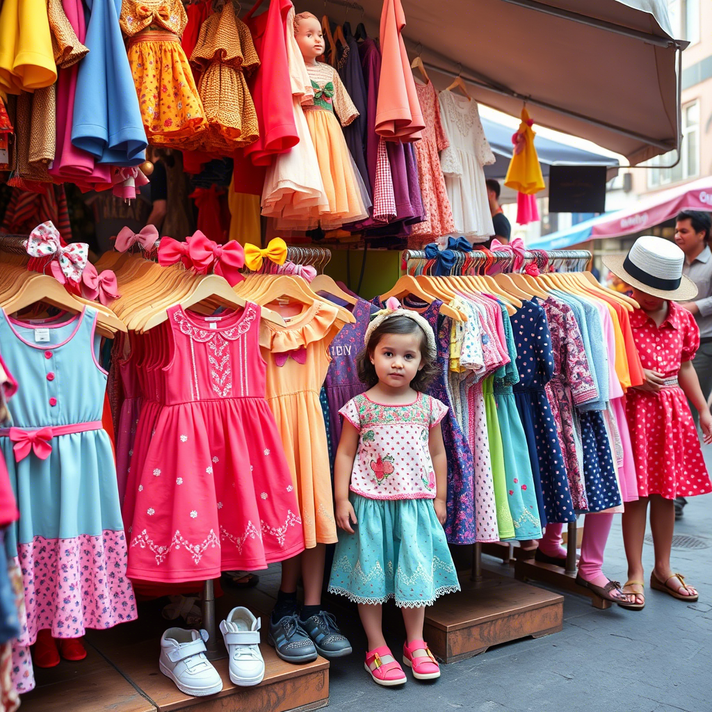 Colorful kids’ outfits displayed on a bustling market stall
