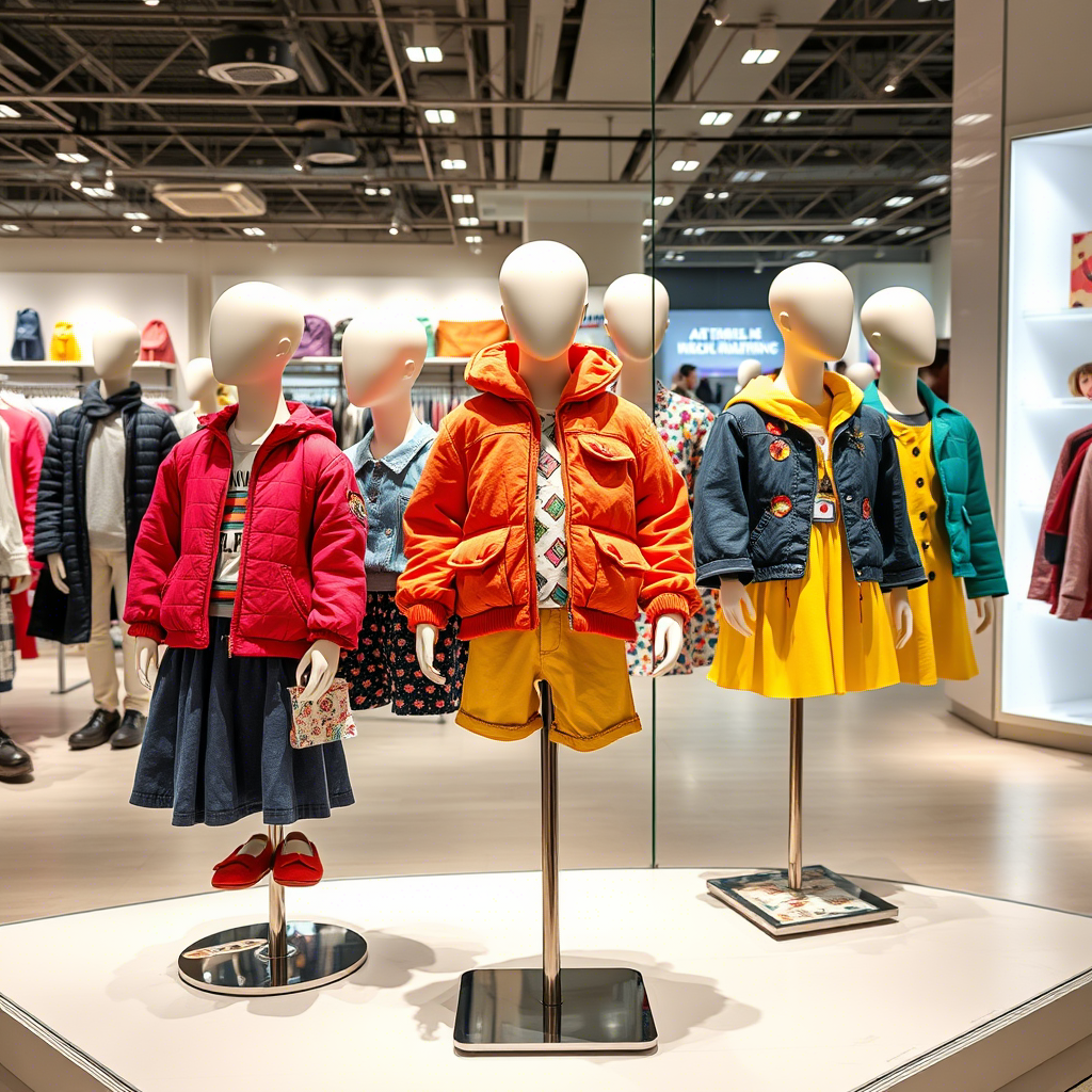 Colorful kids’ outfits displayed on a bustling online store mannequin
