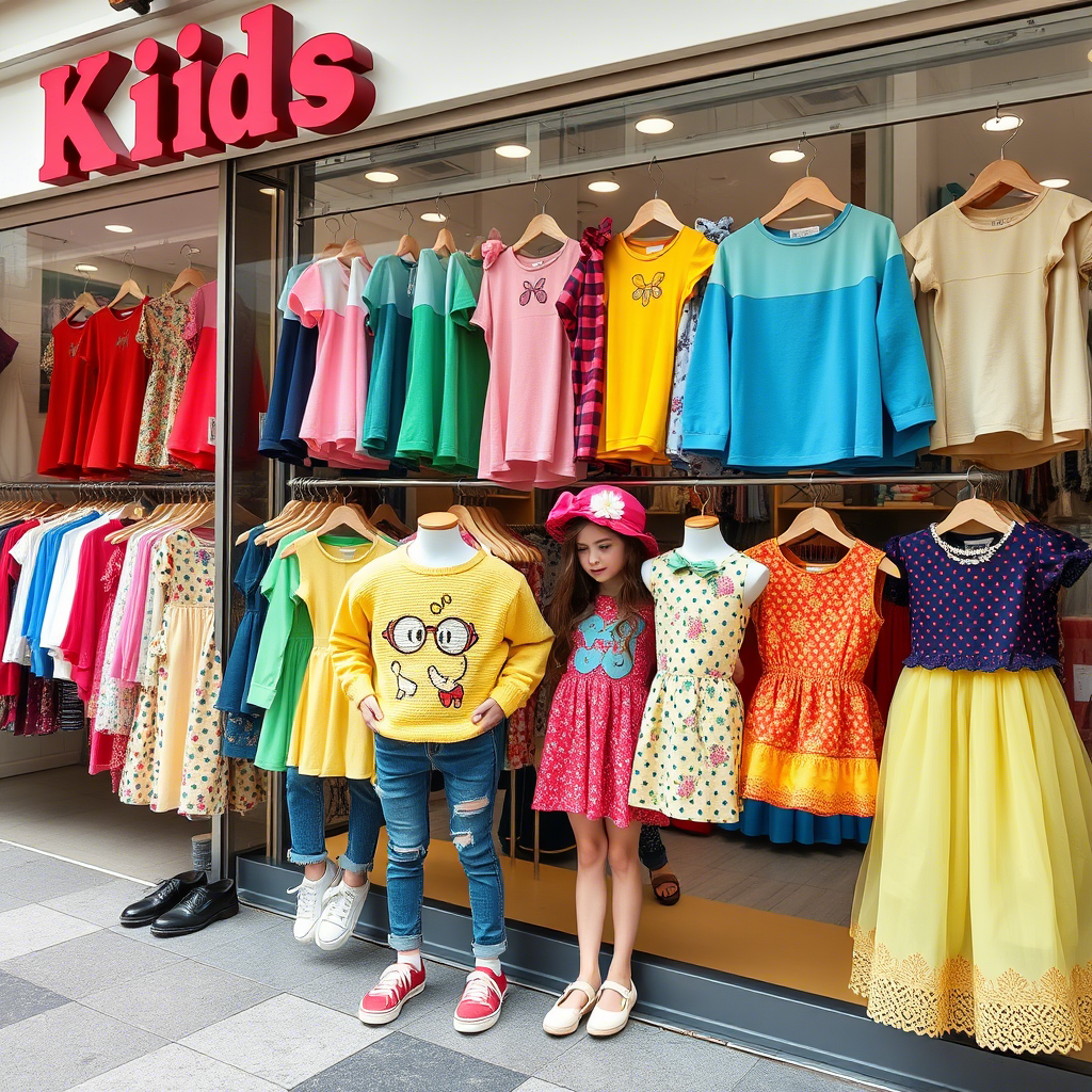 Colorful kids’ outfits displayed on a bustling online storefront