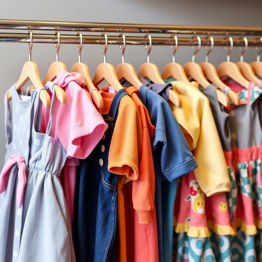 Colorful kids’ outfits displayed on a clothing rack