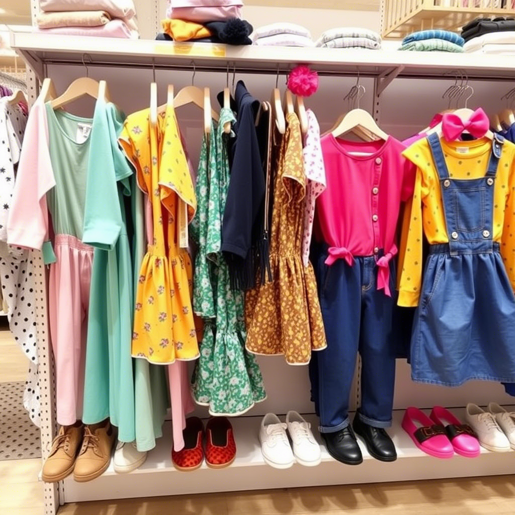 Colorful kids’ outfits displayed on a retail shelf