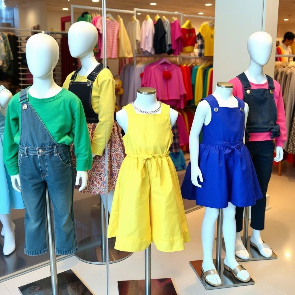 Colorful kids’ outfits displayed on mannequins for wholesale buyers