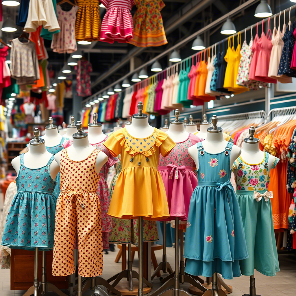 Colorful kids’ outfits displayed on mannequins in a bustling wholesale market