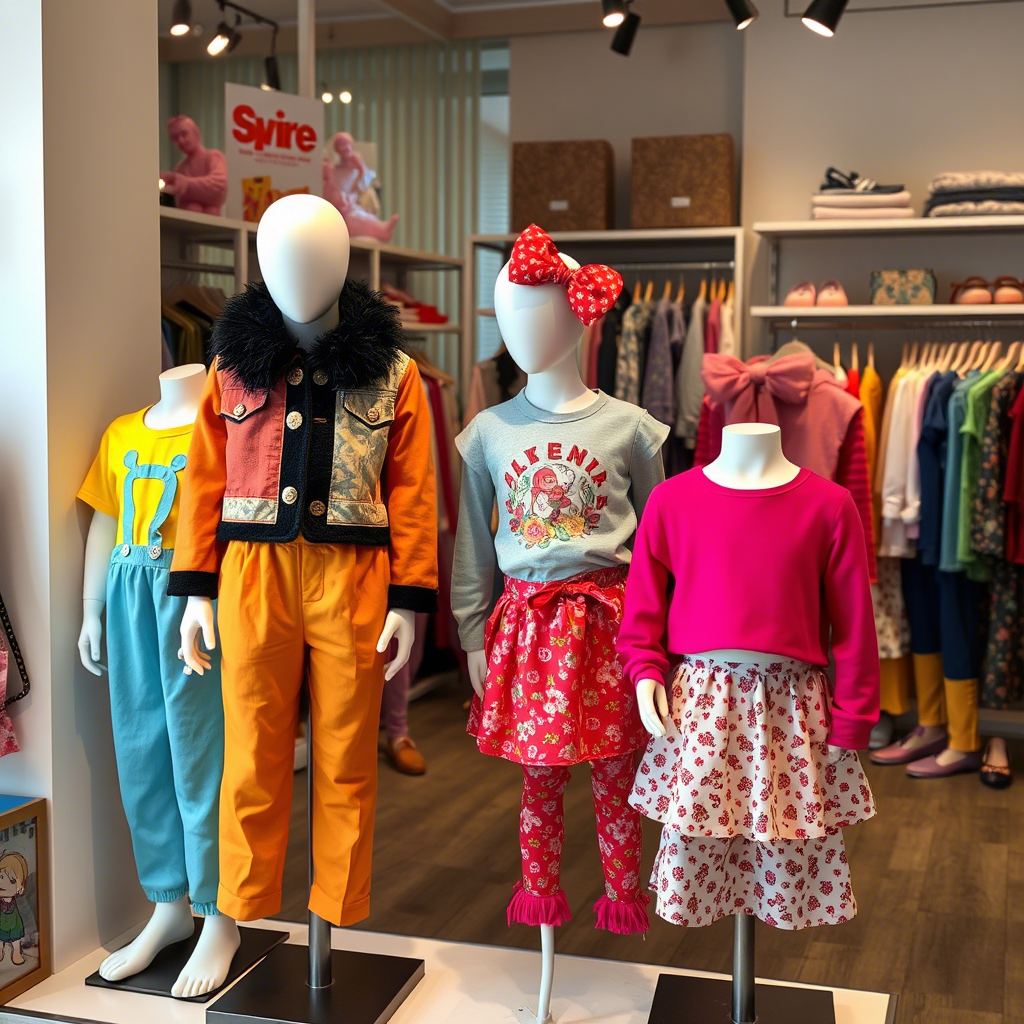 Colorful kids’ outfits displayed on mannequins in a trendy shop
