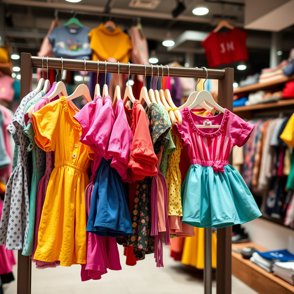 Colorful kids’ outfits hanging in a bustling online store