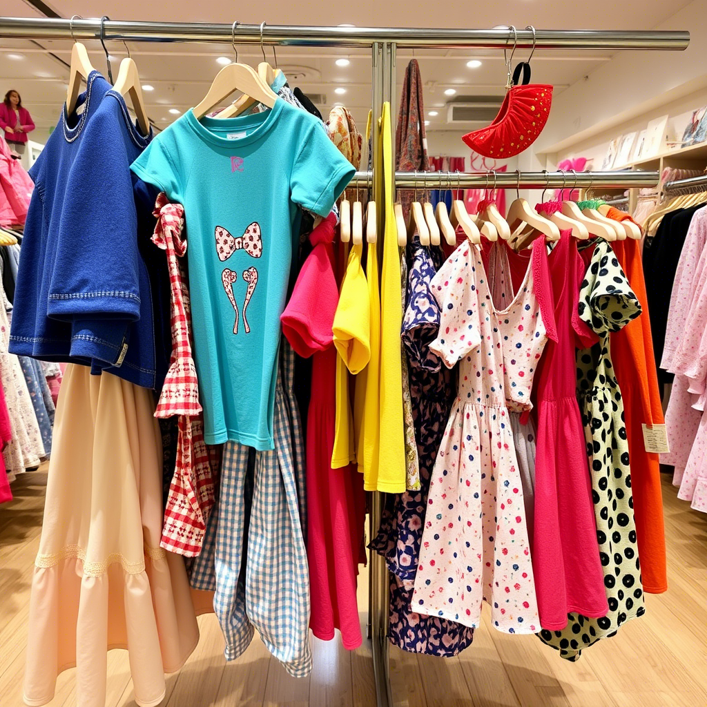 Colorful kids’ outfits hanging in a busy fashion store