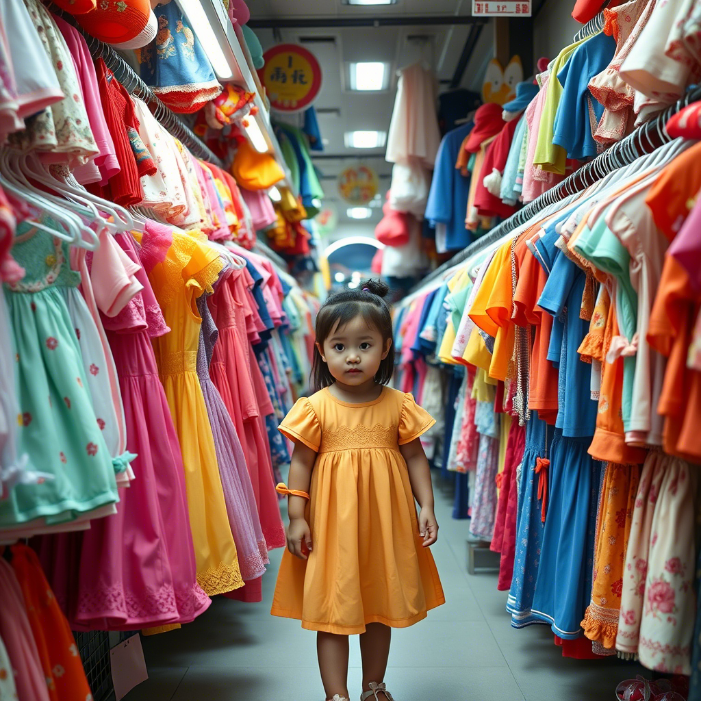 Colorful kids’ outfits hanging in a crowded Chinese wholesale store