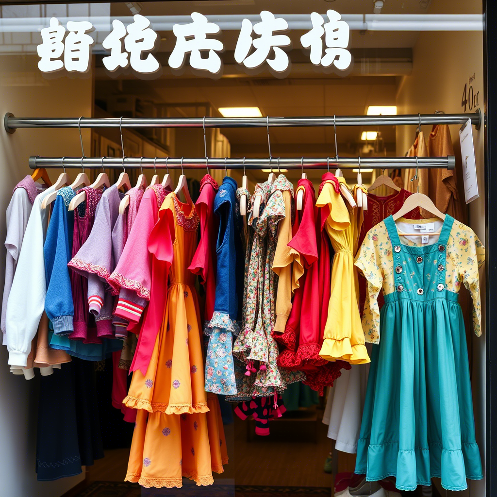 Colorful kids’ outfits hanging on a clothing storefront in Shanghai