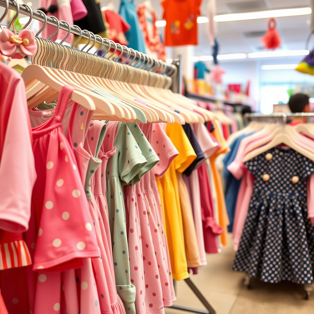 Colorful kids’ outfits hanging on a rack in a bustling store