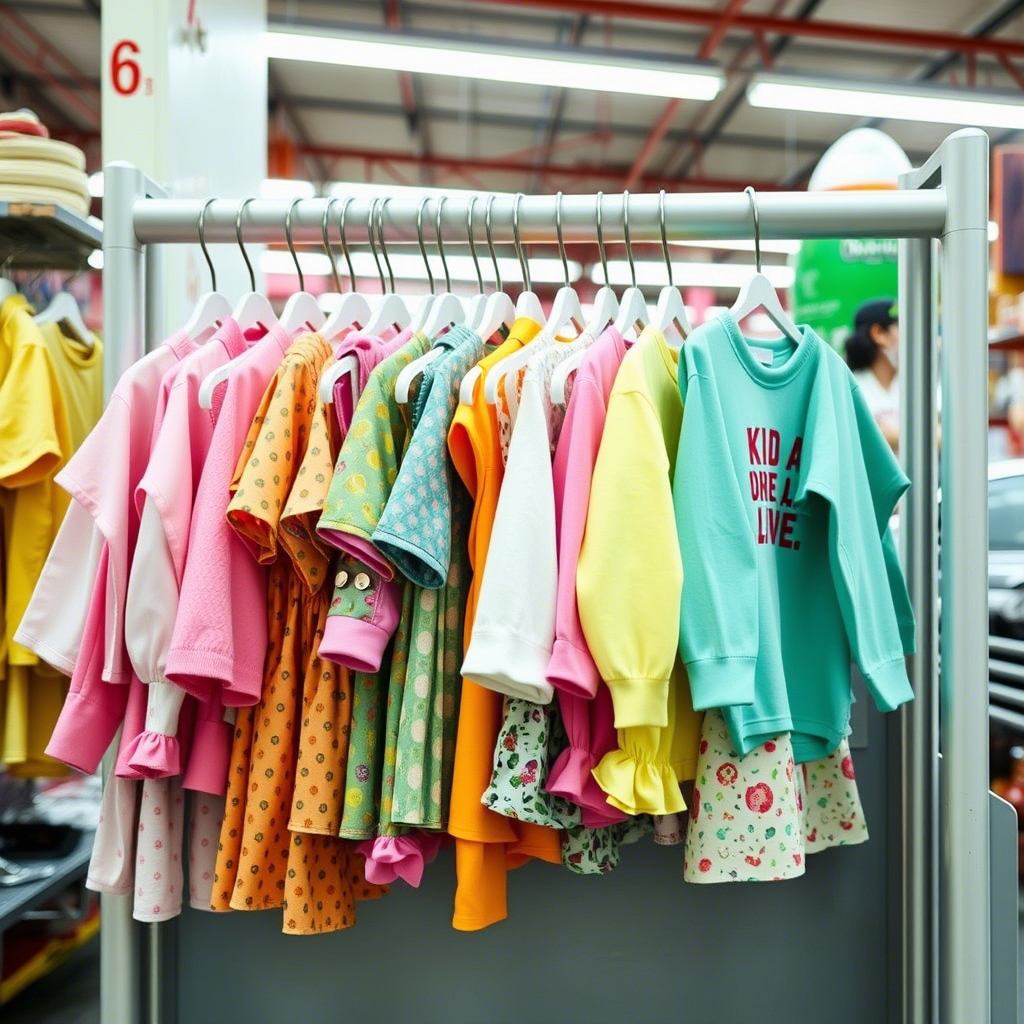 Colorful kids’ outfits hanging on a rack in a Chinese warehouse