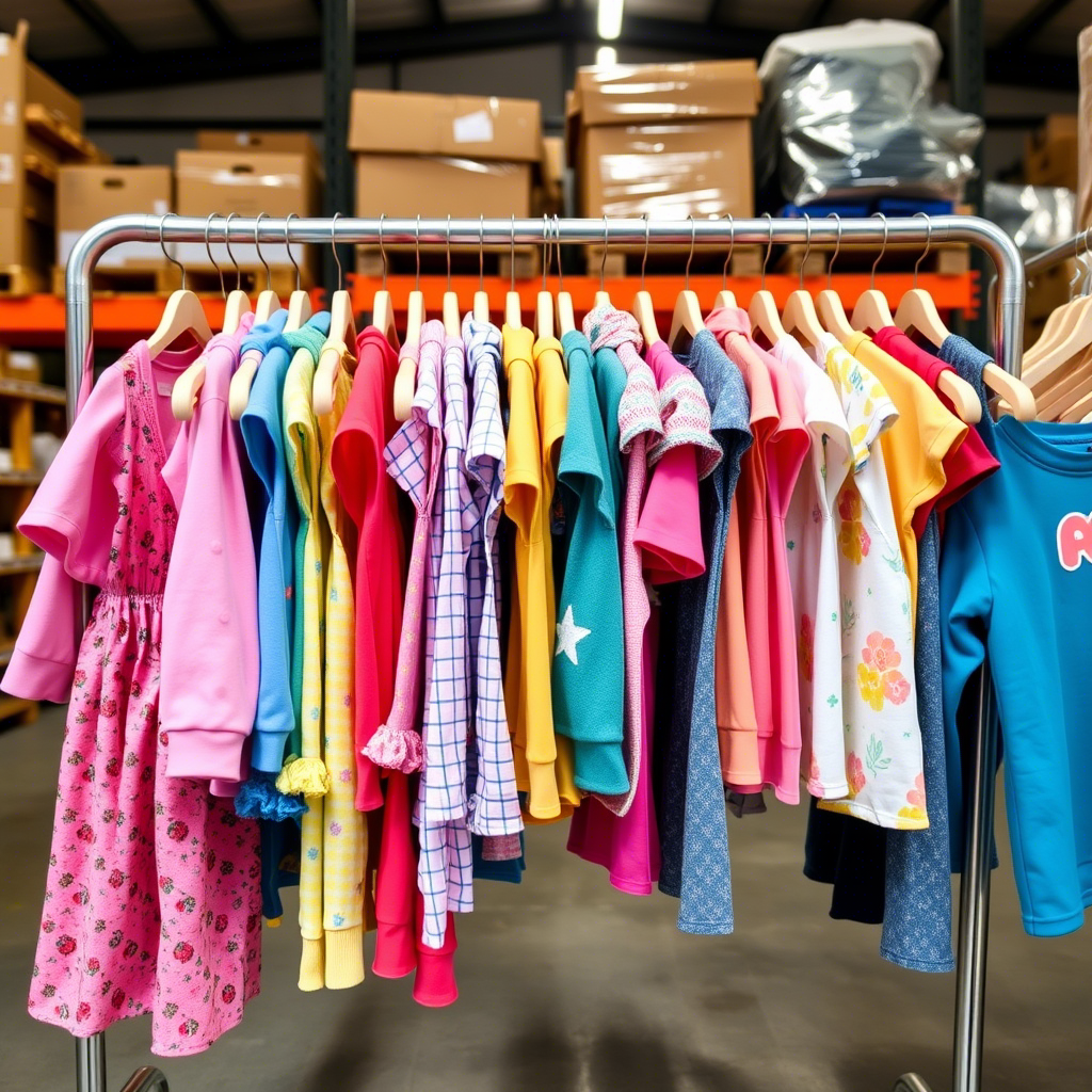 Colorful kids’ outfits hanging on a rack in a warehouse