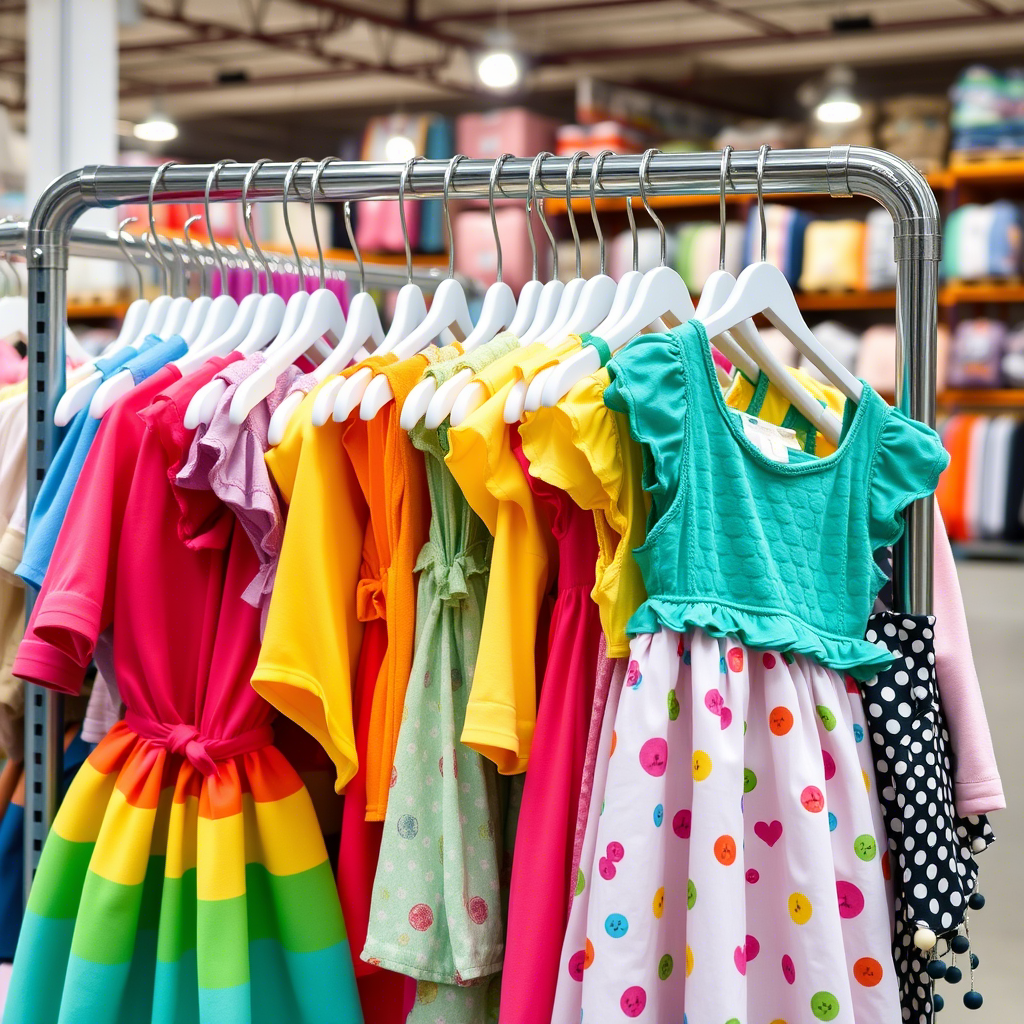 Colorful kids’ outfits hanging on a rack in a wholesale clothing warehouse