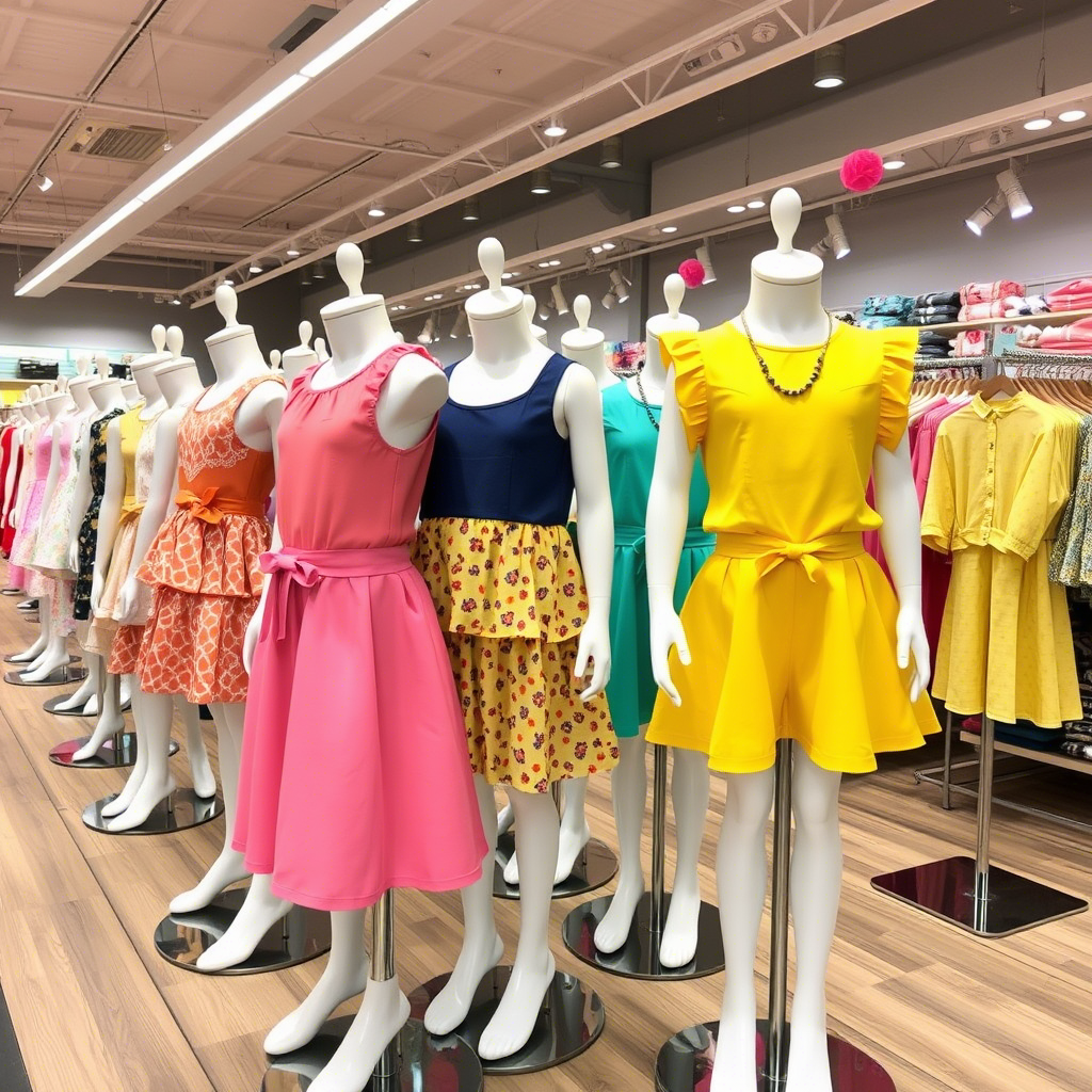 Colorful kids’ outfits on mannequins in a wholesale showroom