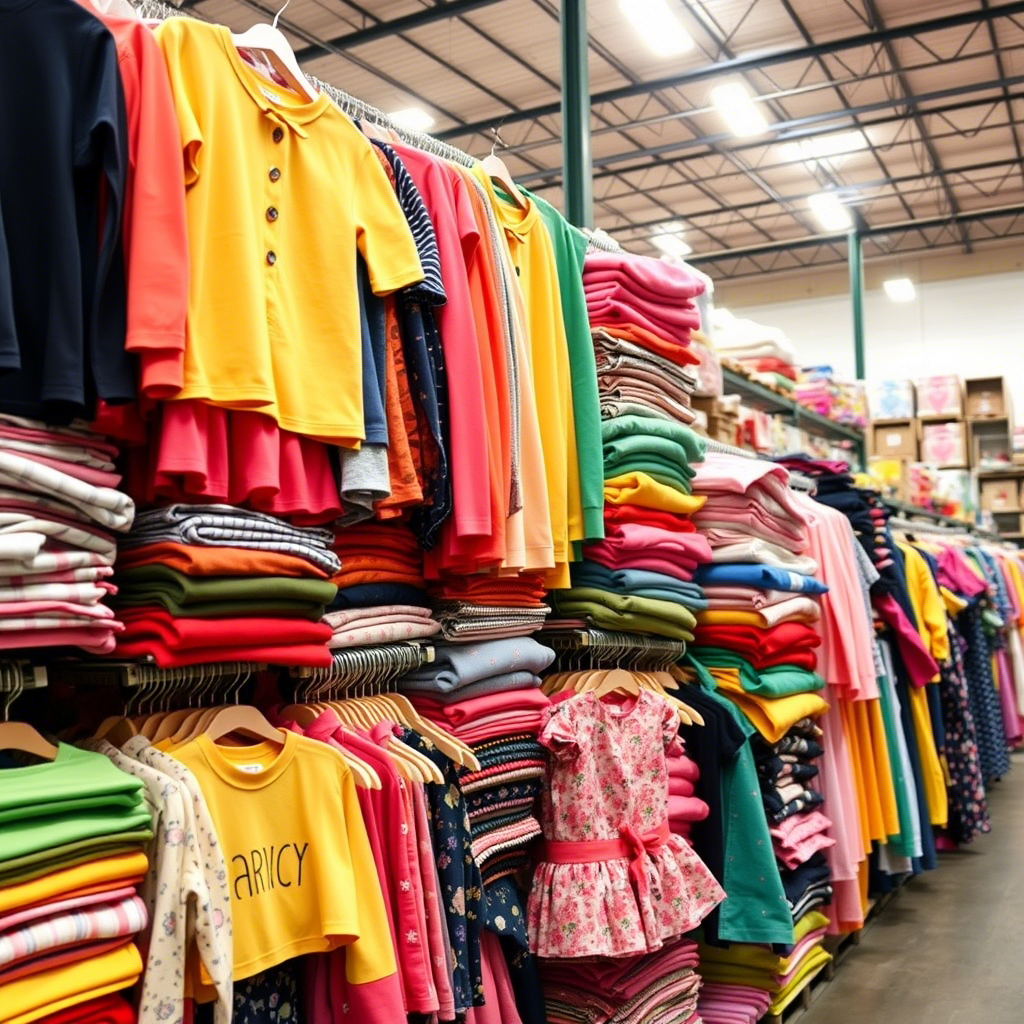 Colorful kids' outfits stacked in a bustling warehouse