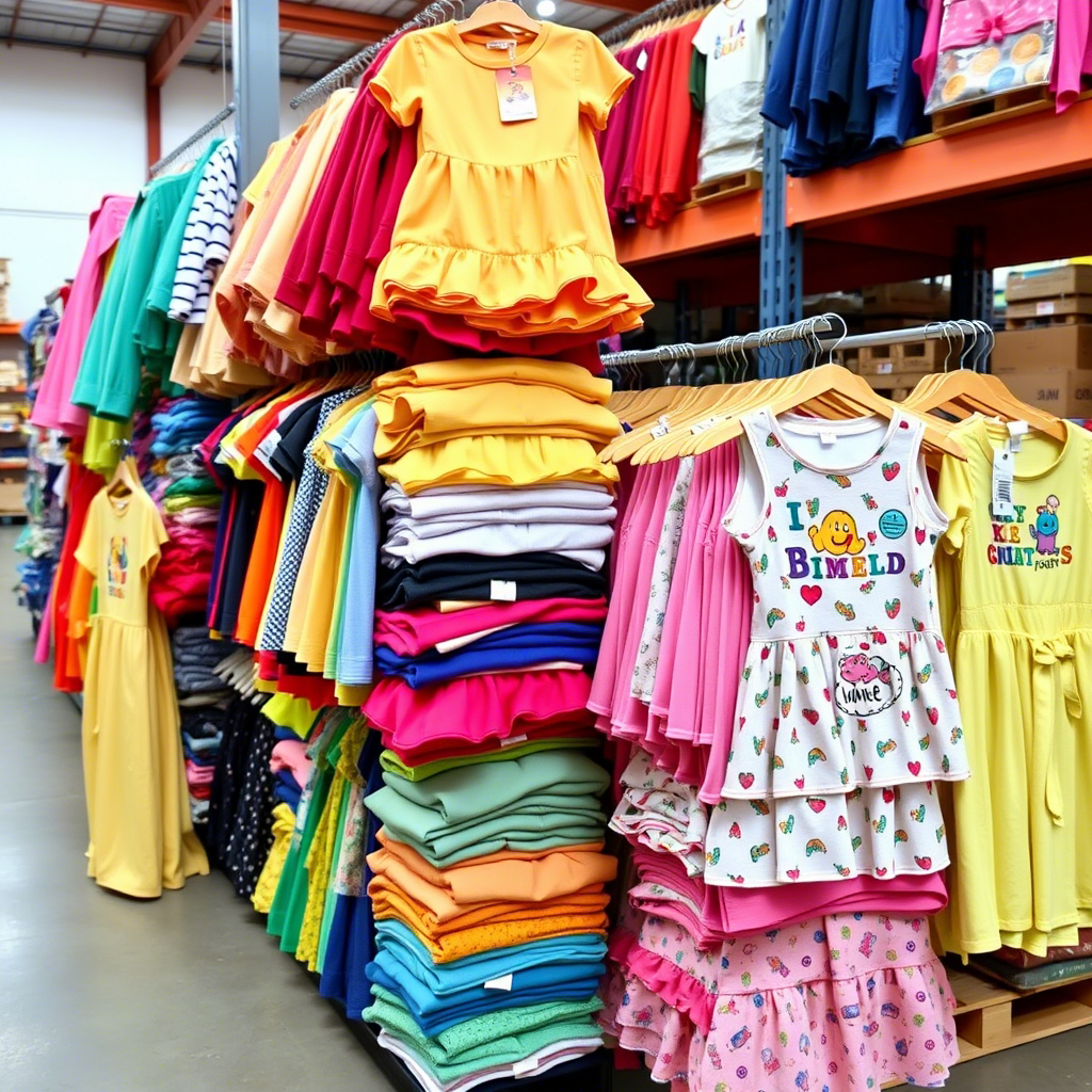 Colorful kids’ outfits stacked in a wholesale warehouse