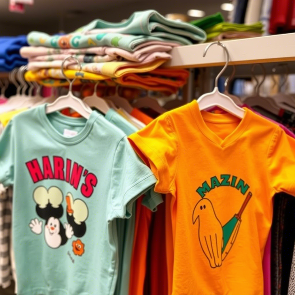 Colorful kids’ shirts with fun designs stacked on a clothing rack